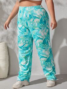 Pantalones con estampado de mármol de talle alto bajo con fruncido - Multicolor - Ver 5