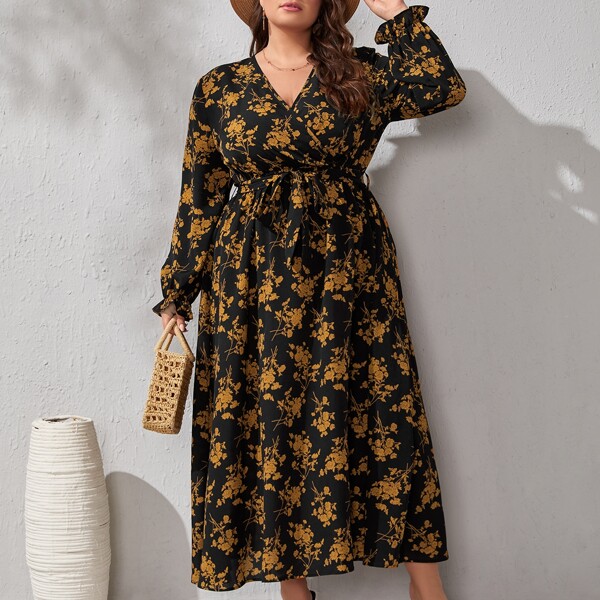 

Plus Floral Print Surplice Neck Flounce Sleeve Belted Dress, Multicolor