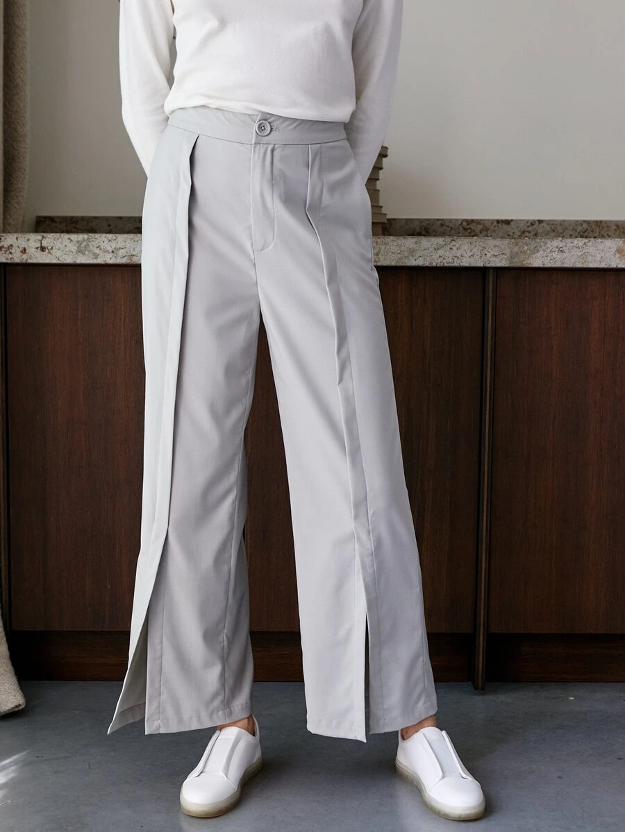 MOTF PREMIUM VISCOSE SPLIT WIDE-LEG TROUSERS - Light Grey - View 1