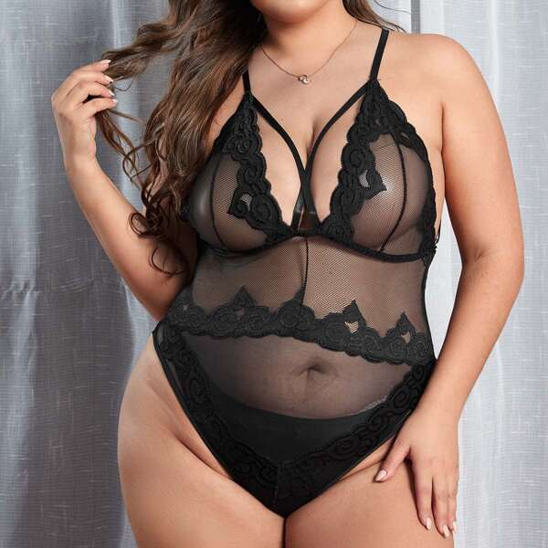 

Plus Sheer Mesh Teddy Bodysuit, Black
