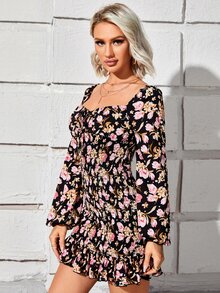 SHEIN Floral Print Knot Front Shirred Ruffle Hem Dress - Multicolor - View 5