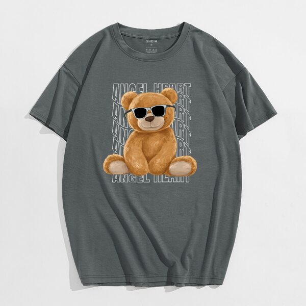 

Men Bear And Letter Graphic Drop Shoulder Tee, Dark grey