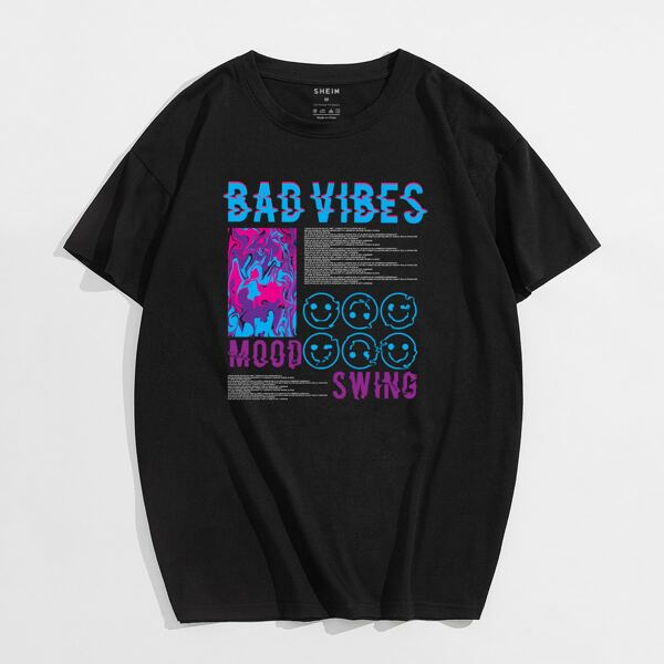 

Men Smile Face And Letter Graphic Drop Shoulder Tee, Black