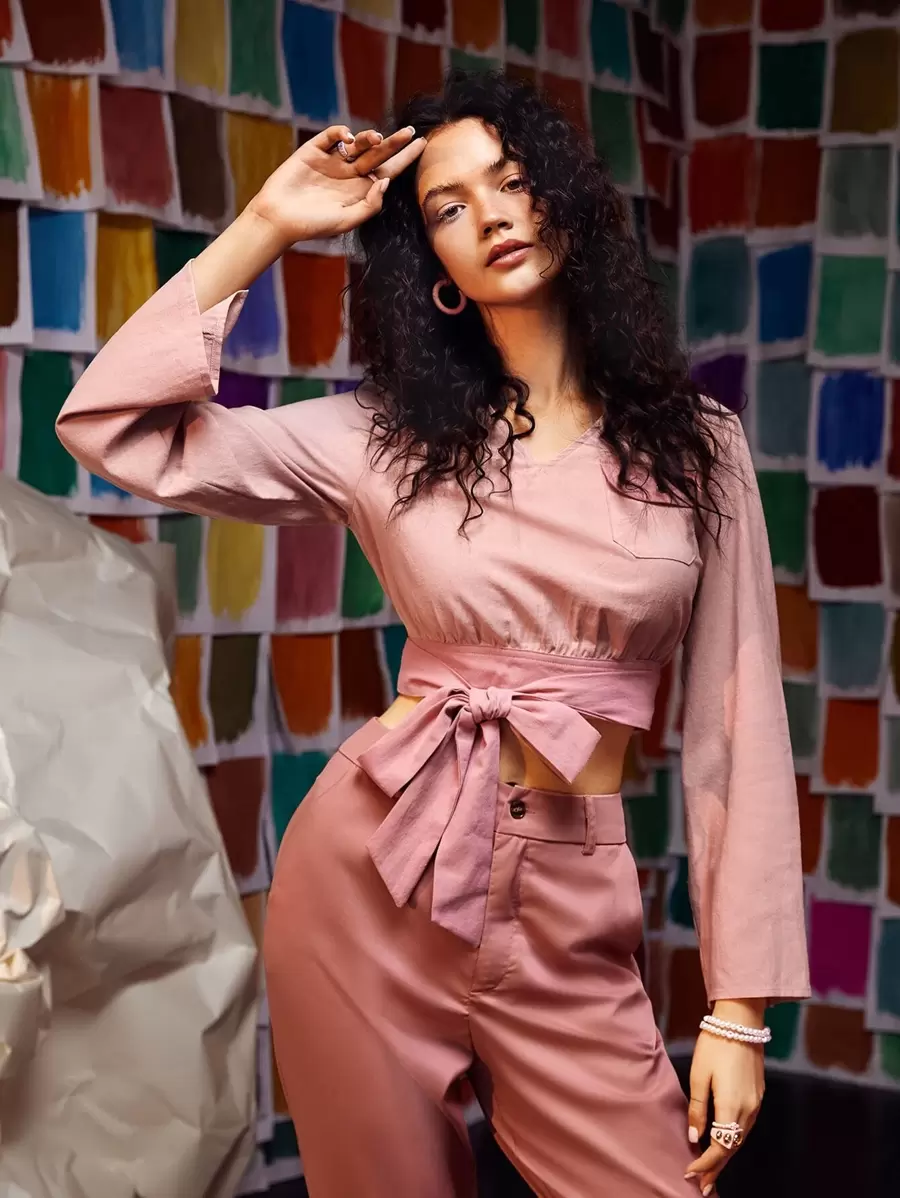 NICOLE CANDELORO 商务休闲贴袋系带短款上衣，办公室 - 藕粉色 - 查看 1