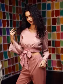 NICOLE CANDELORO 商务休闲贴袋系带短款上衣，办公室 - 藕粉色 - 查看 3