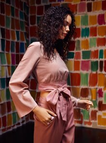 NICOLE CANDELORO 商务休闲贴袋系带短款上衣，办公室 - 藕粉色 - 查看 6