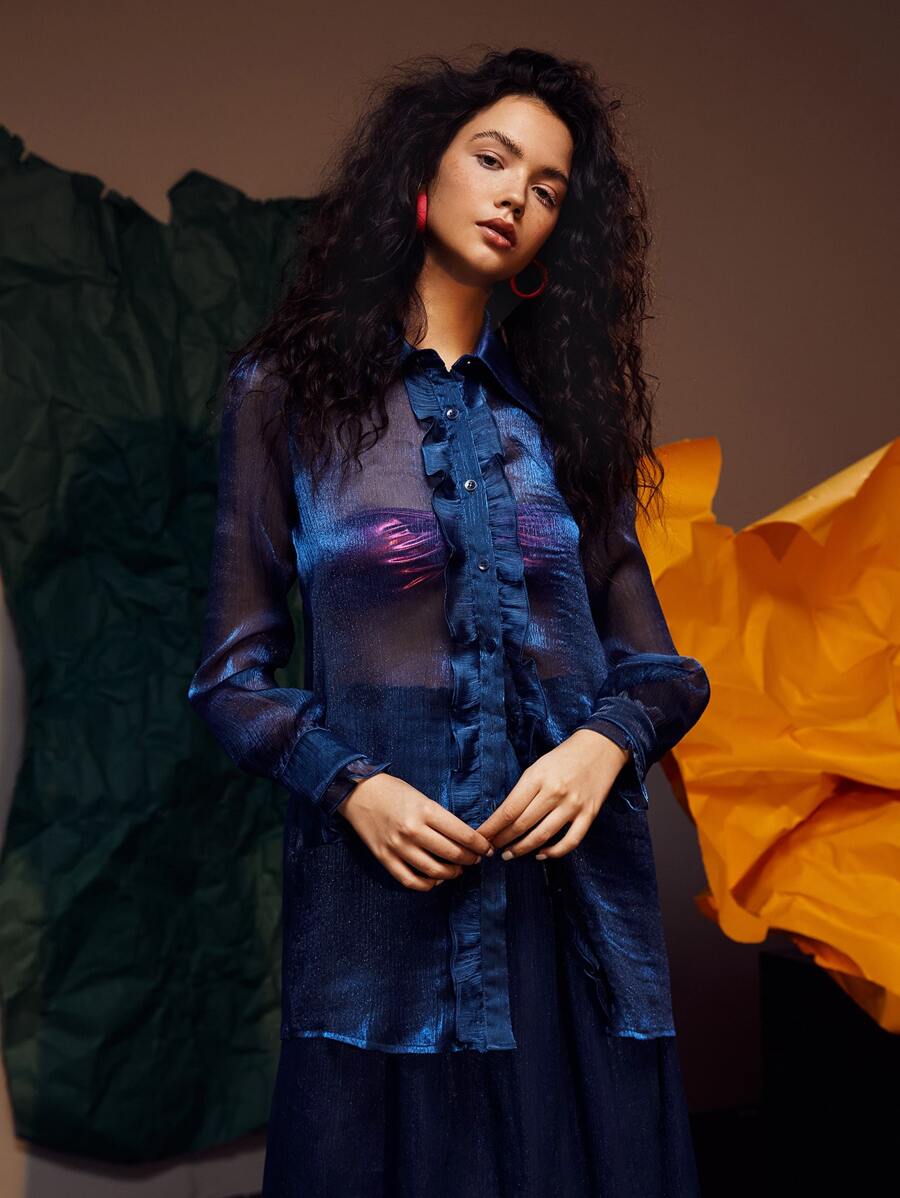 Hanchi Frill Trim Holographic Sheer Mesh Blouse - Navy Blue - View 1