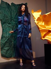 Hanchi Frill Trim Holographic Sheer Mesh Blouse - Navy Blue - View 4