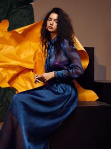 Hanchi Frill Trim Holographic Sheer Mesh Blouse - Navy Blue - View 6