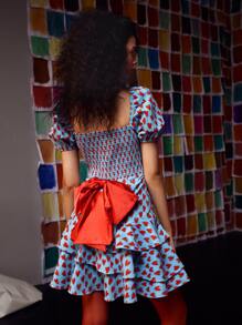 CIRCE Allover Heart Tay Phồng Shirred Back Sundress Không Nơ - Nhiều màu - Xem 2