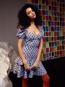 CIRCE Allover Heart Tay Phồng Shirred Back Sundress Không Nơ - Nhiều màu - Xem 3