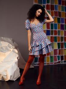 CIRCE Allover Heart Tay Phồng Shirred Back Sundress Không Nơ - Nhiều màu - Xem 5