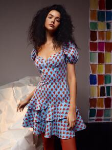 CIRCE Allover Heart Tay Phồng Shirred Back Sundress Không Nơ - Nhiều màu - Xem 6