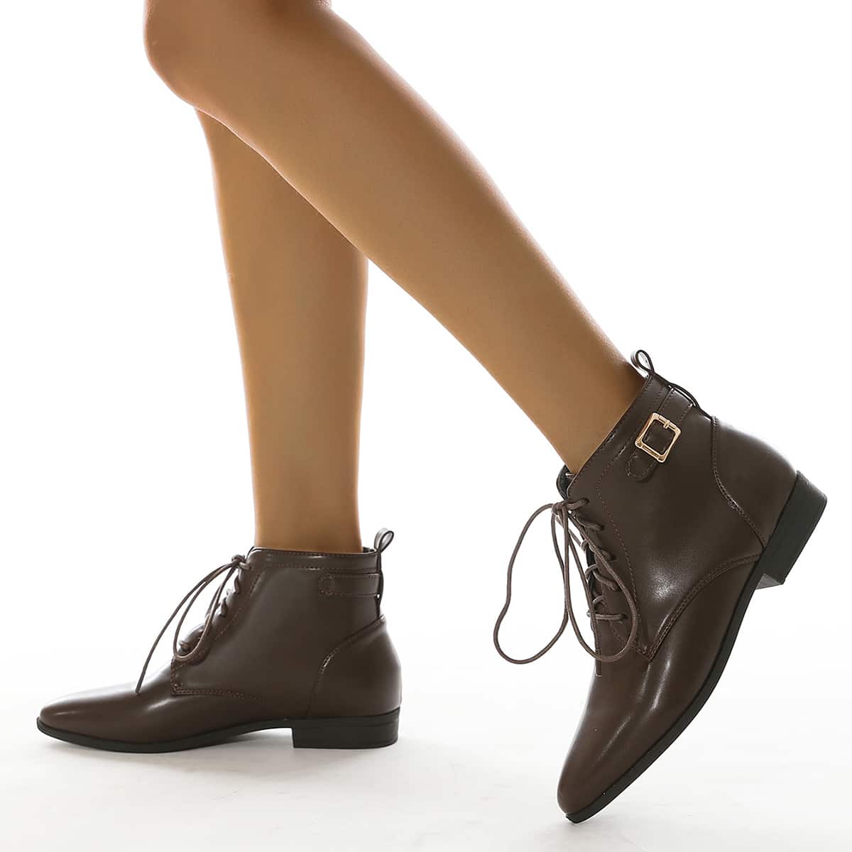 

Buckle Detail Lace-up Front Point Toe Boots, Coffee brown