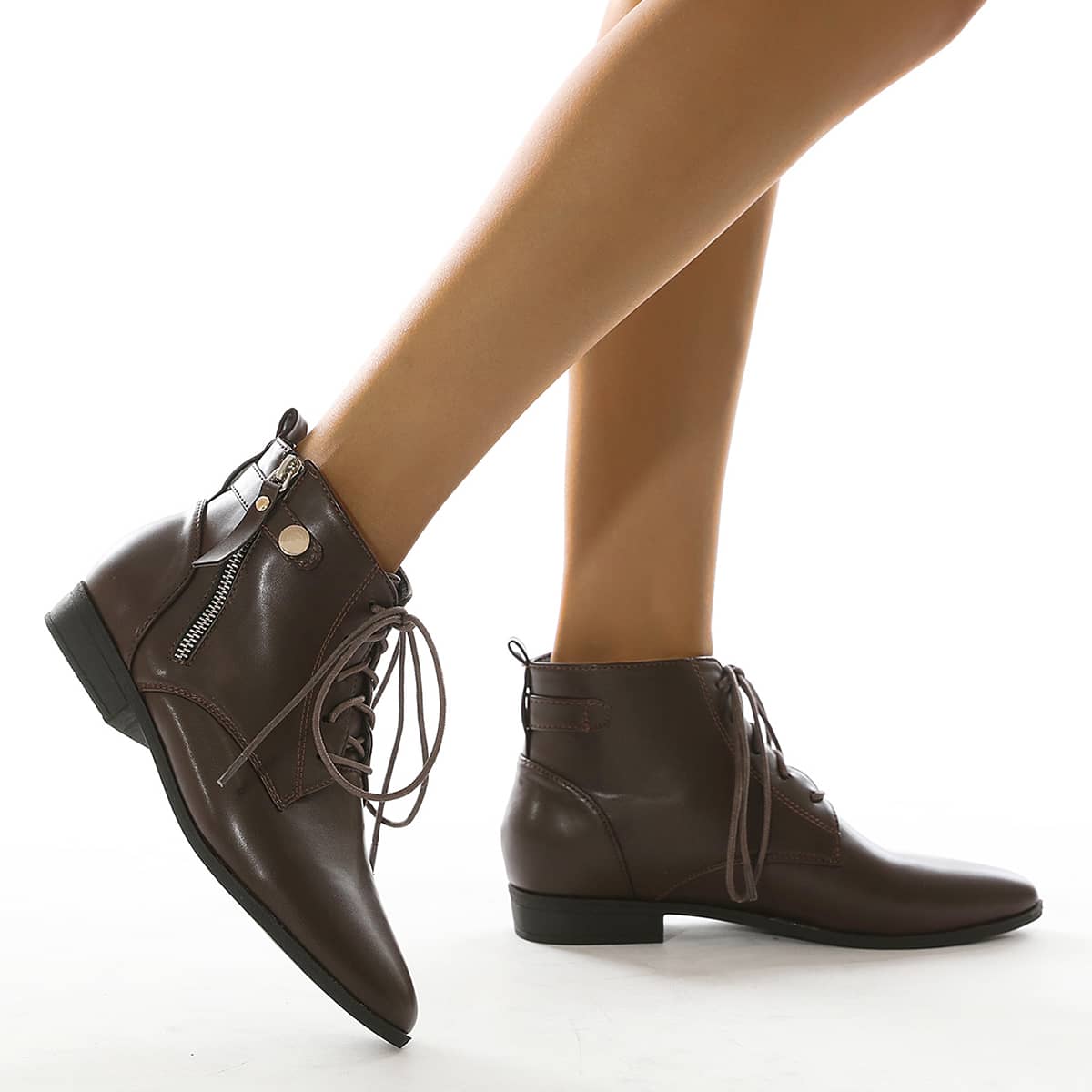 

Solid Zipper Decor Lace Up Front Point Toe Boots, Coffee brown