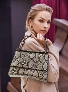 Chain Decor Snakeskin Satchel Bag - Brown - View 1