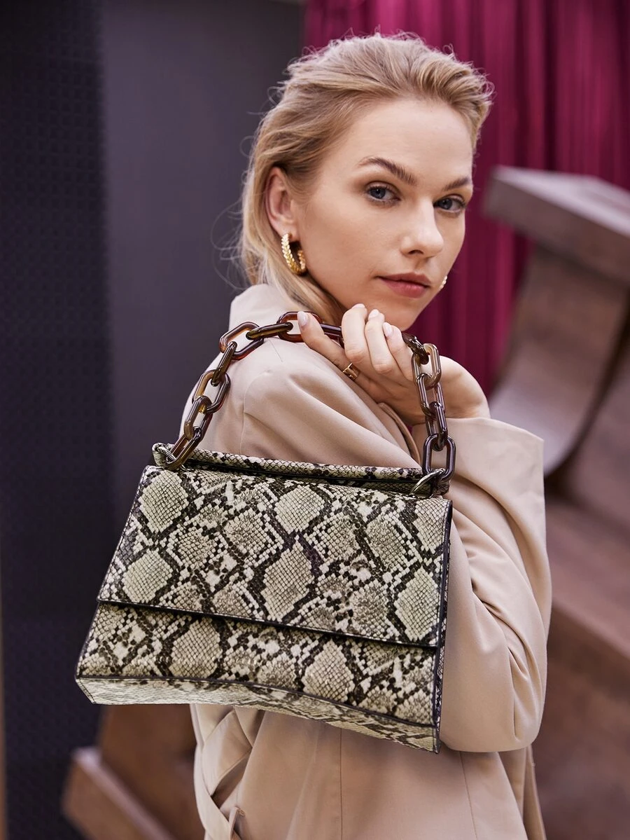 Chain Decor Snakeskin Satchel Bag - Brown - View 1