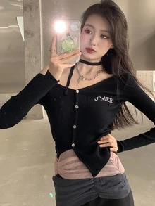 Cardigan Asimetris dengan Bordir Huruf - Hitam - View 1