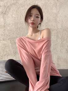 Solid Drop Shoulder Oversized Tee - Baby Pink - View 3
