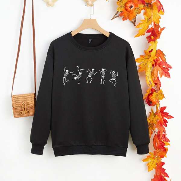 

Plus Skeleton Print Thermal Pullover, Black
