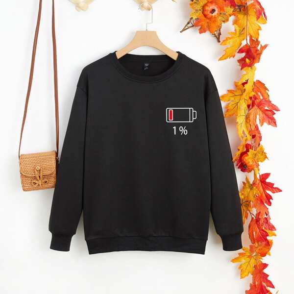 

Plus Battery & Percentage Print Thermal Pullover, Black