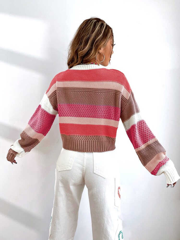 Color-Block Drop Shoulder Sweater Knit Pullover Fall Winter