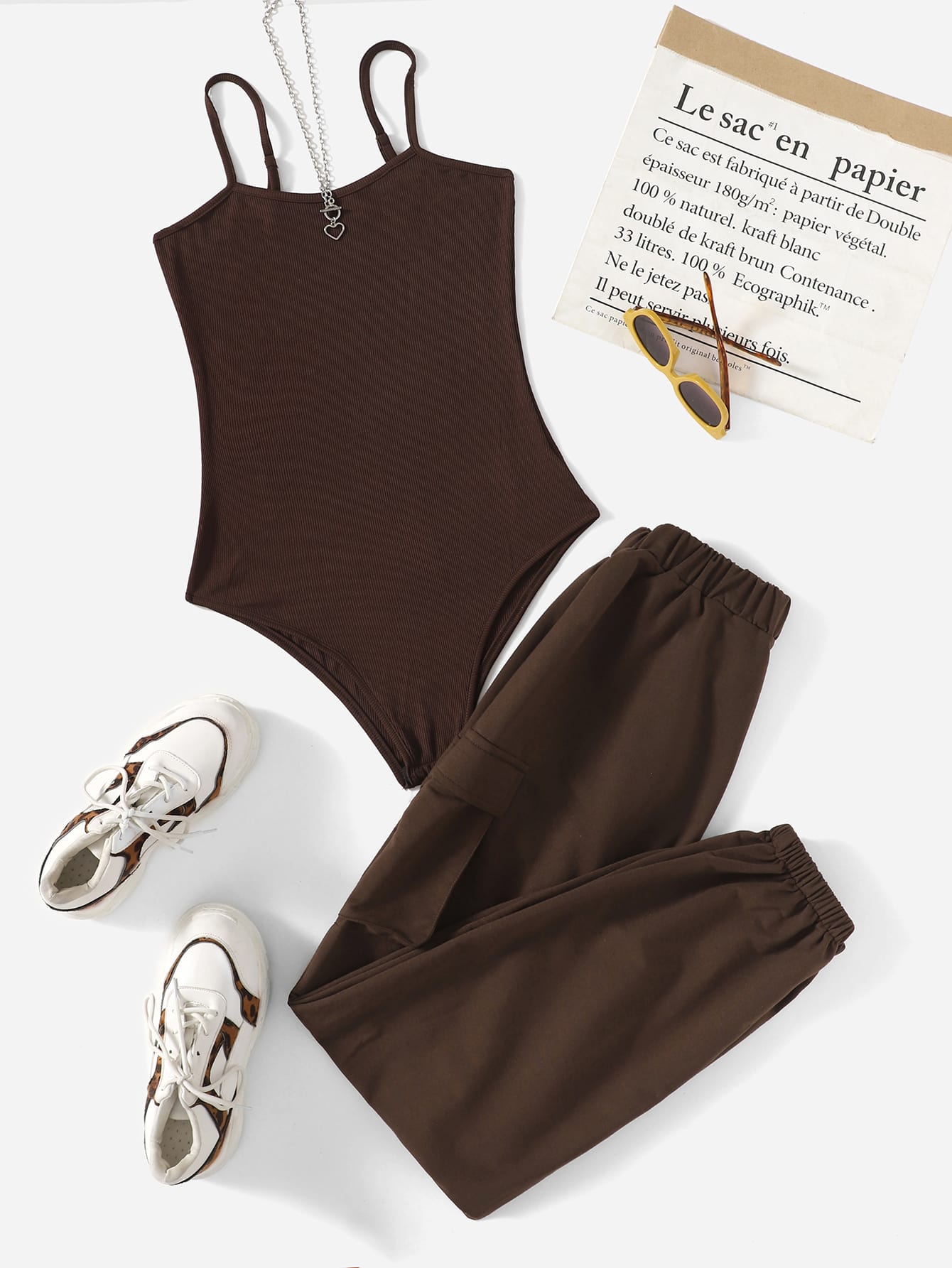 Solid Cami Bodysuit & Cargo Pants SHEIN USA