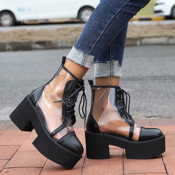 

Clear Detail Lace-up Platform Boots, Black