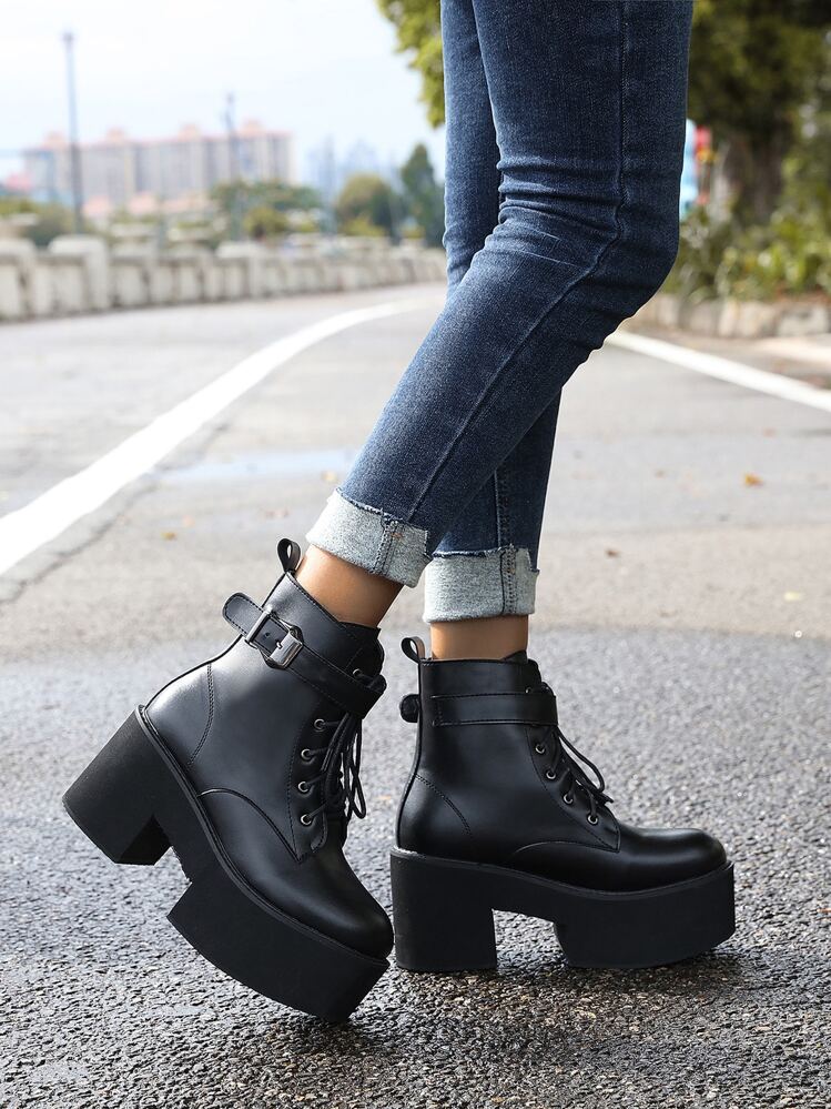 Rady ブラック レースアップ厚底ブーツ SHEIN レディース ブーツ、ブラック アンクルブーツ、プラットフォーム