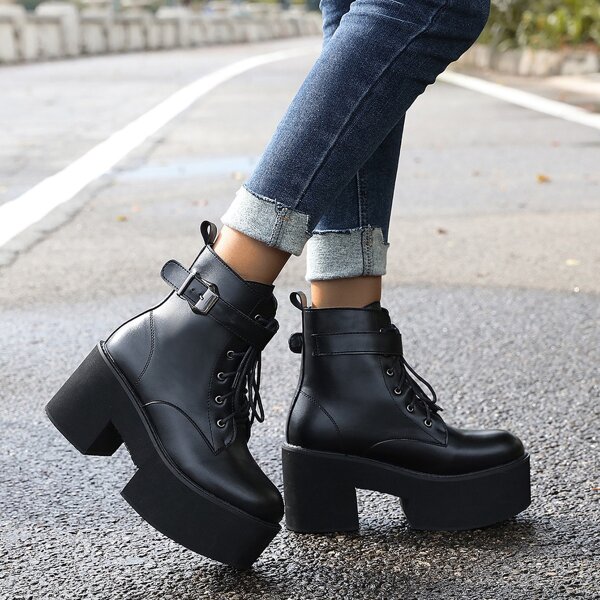 

Buckle Decor Lace-up Platform Boots, Black