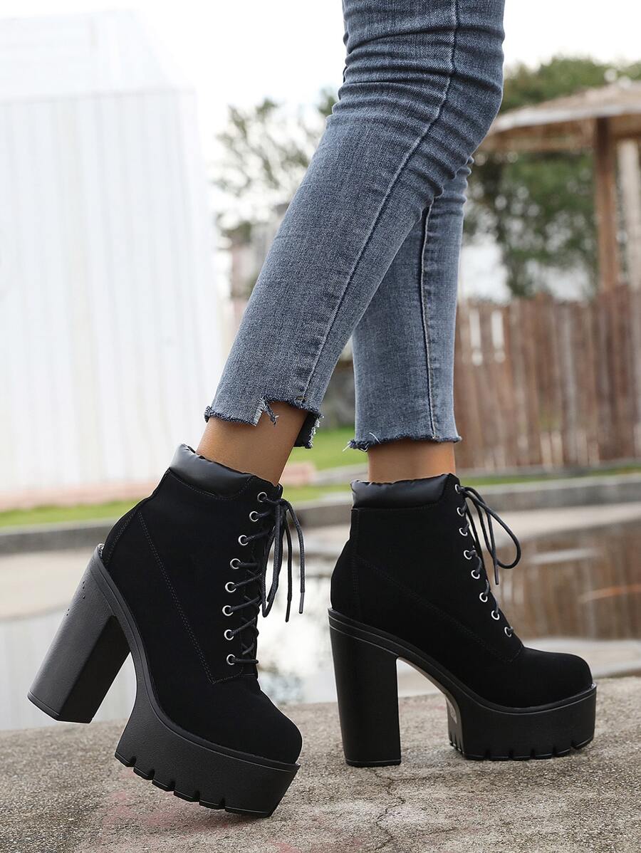 Botas con cordón delantero de tacón alto - Negro - Ver 1