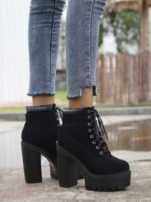 Botas con cordón delantero de tacón alto - Negro - Ver 3