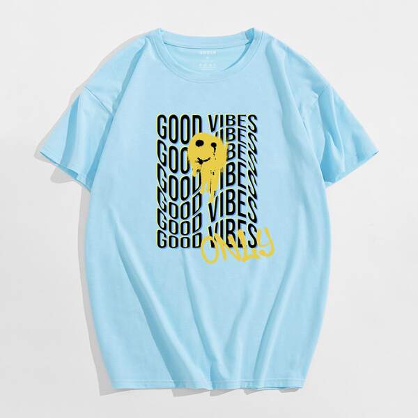 

Men Smile Face And Letter Graphic Drop Shoulder Tee, Baby blue
