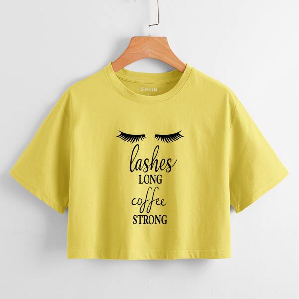 

Eyelash And Slogan Graphic Crop Tee, Yellow