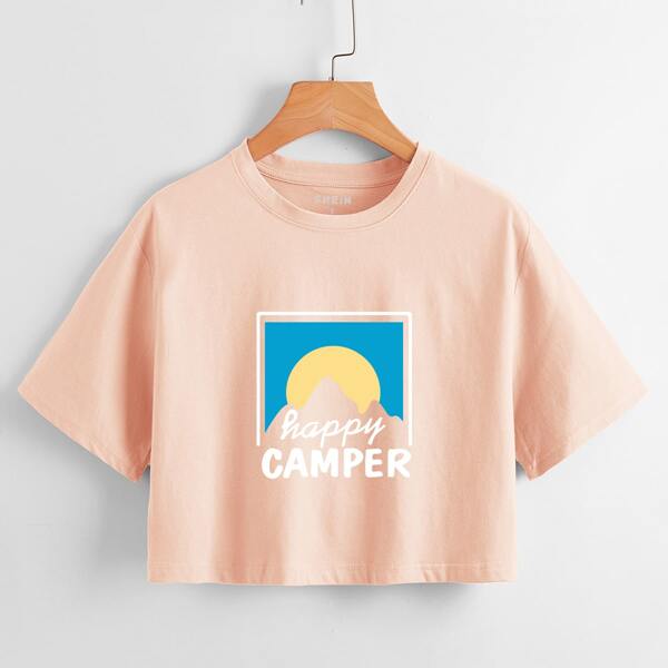 

Letter & Graphic Print Crop Tee, Baby pink