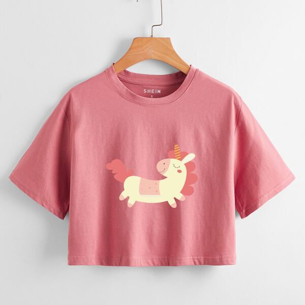 

Unicorn Print Crop Tee, Dusty pink