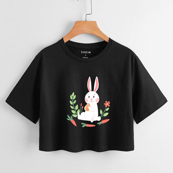 

Rabbit And Carrot Print Crop Tee, Black