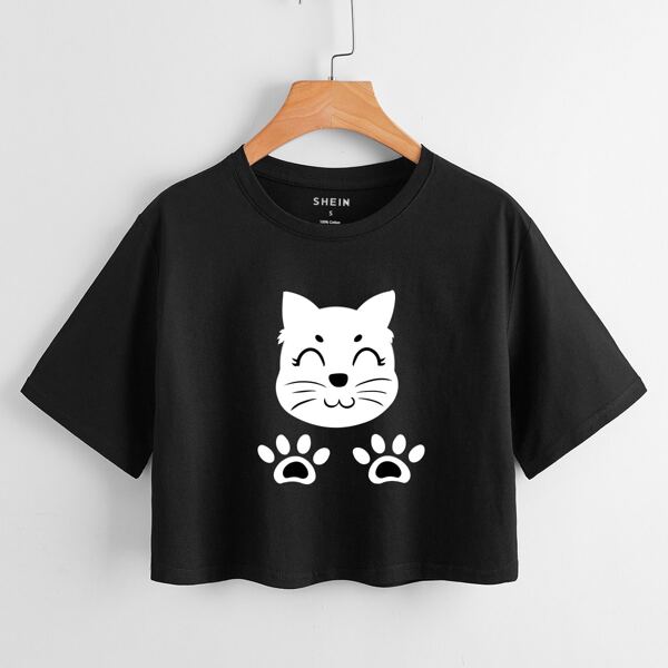 

Cat Print Crop Tee, Black
