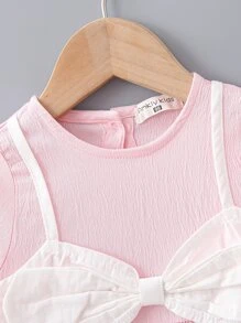 Niñas Vestido 2 en 1 con lazo delantero con botón trasero - Rosa - Ver 4