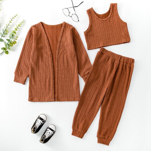 

Toddler Girls Textured Open Front Coat & Tank Top & Carrot Pants, Brown