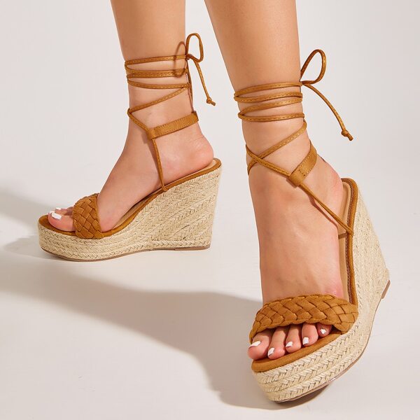 

Minimalist Braided Design Tie Leg Wedge Sandals, Brown