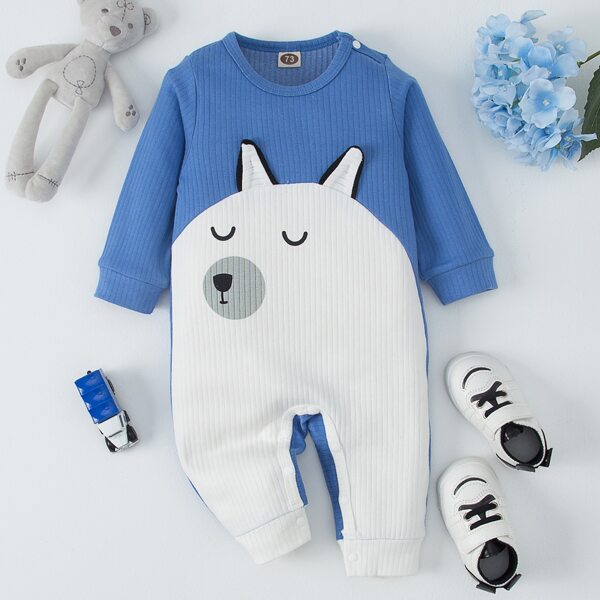 

Baby Cartoon Graphic 3D Ear Design Jumpsuit, Blue and white
