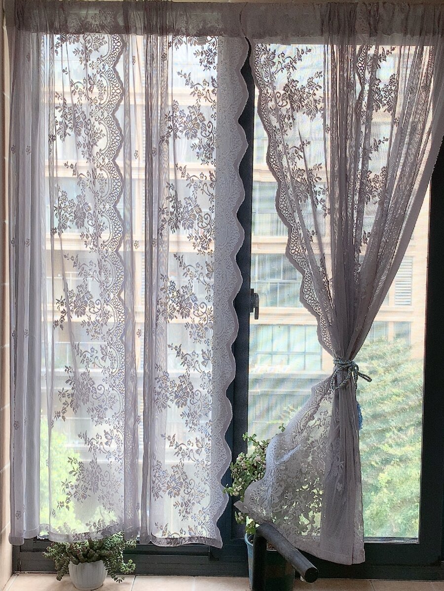 Tấm rèm đơn bằng ren thêu - Xám - Xem 1