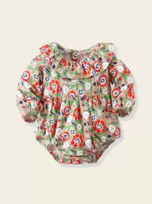 嬰兒植物圖案荷葉邊燈籠袖連身背心