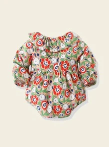 嬰兒植物圖案荷葉邊燈籠袖連身背心