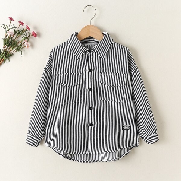 

Boys Striped Drop Shoulder Patch Detail Shirt, Black and white