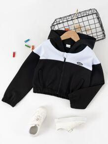 Girls Zip Up Two Tone Patch Detail Hooded Jacket - Black and White - View 1