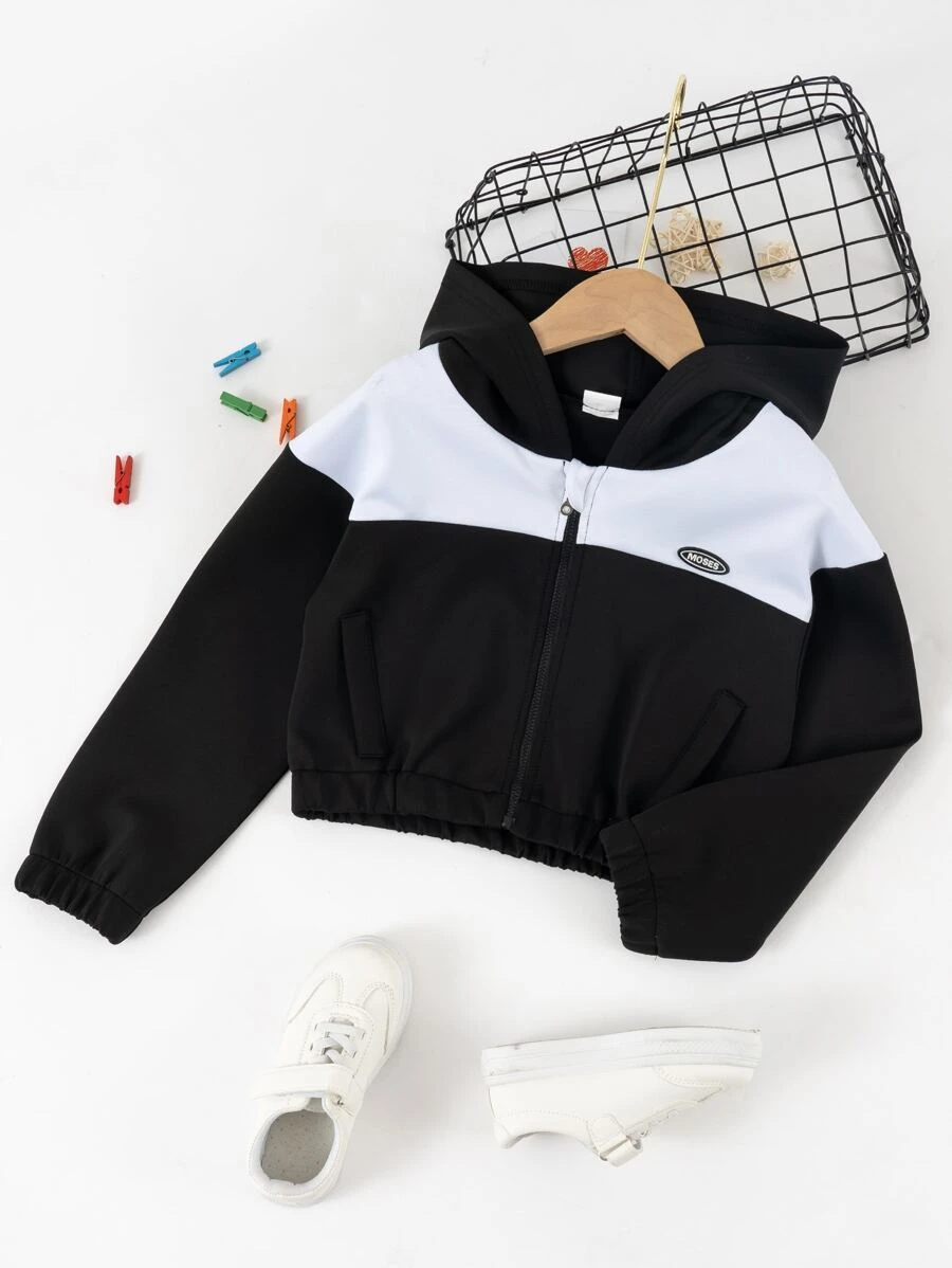 Girls Zip Up Two Tone Patch Detail Hooded Jacket - Black and White - View 1