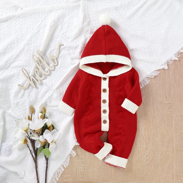 

Baby Button Up Hooded Knit Jumpsuit, Red