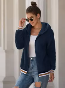 SHEIN LUNE Striped Zip Up Hooded Teddy Jacket - Navy Blue - View 1